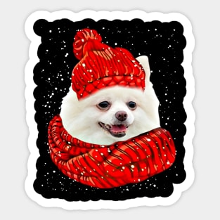 White Pomeranian Wearing Red Hat And Scarf Christmas Sticker